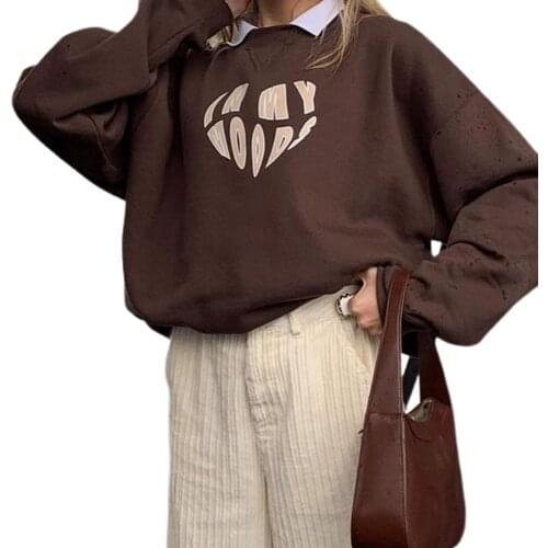 Ladies Autumn Women Letter Brown Sweatshirt Y2k Beautiful Long Sleeve Oversized Pullover Heart-Shaped Cute Casual Sports Top 90