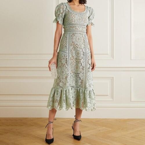 JSXDHK Elegant Summer Women Lace Green Midi Dress Runway Self-Portrait Ruffles Big O Neck Hollow Out Short Sleeve Party Dresses