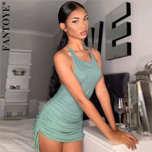 FANTOYE Halter Ruched Lace Up Backless Bandage Dresses Women Skinny Sexy Sleeveless Dress Solid Partywear Female Vestidos
