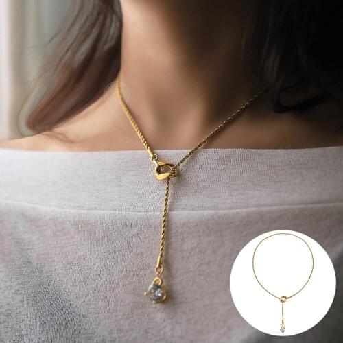 Elegant Rope Chain CZ Charm Lariat Neckalces for Women Gold Stainless Steel Twisted Rope Link Chain Removable Jewelry Gift DN302
