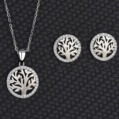 European And American Jewelry Fashion Simple Glossy Diamond-set Tree Of Life Earrings Necklace 925 Sterling Silver Two-Piece Set