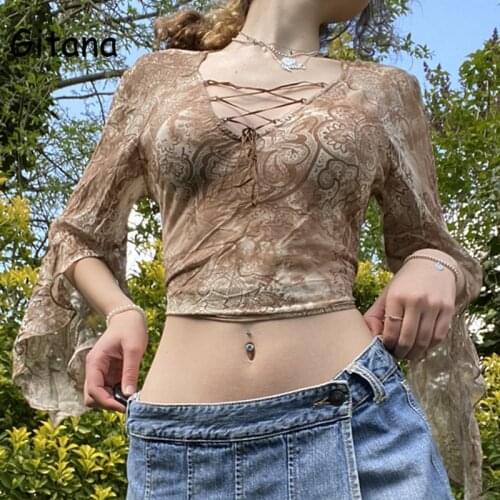 Gitana 2021 Autumn Print Vintage Ladies T Shirts Front Cross Tie Up V Neck Sexy Mesh Tops Split Flare Long Sleeve Tees