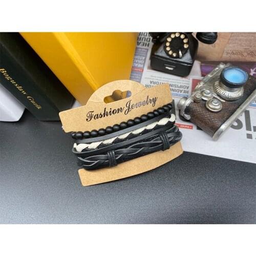 JUNWEI Mens Anchor Leather Bracelet Black Beads Woven Handmade Bracelet Three-Piece Set