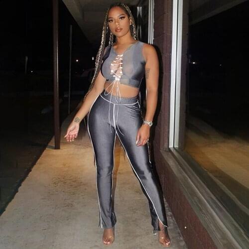 Sexy Panelled Two Piece Set Women Bandage Hollow Out Sleeveless Crop Top and Women 's Pants Trousers Casual Autumn Sets