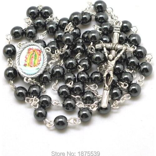 Fashion hematite bead rosary with case Our Lady of Guadalupe center piece