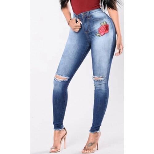 New Womens Vintage Embroider Flowers jeans Sexy Hole Pencil Stretch Denim Pants Female Slim Skinny Trousers Jeans
