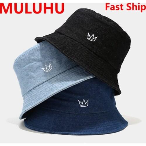 Sonnenhut Damen Crown Embroidery Denim Bucket Hat Washed Retro Denim Caps Hip Hop Men Women Panama Warm Windproof Casquette