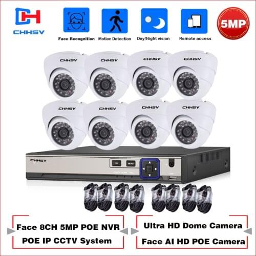 CHHSV AI Face-Recording detection H.265 8CH 5.0MP POE IP Camera System Outdoor IR-CUT CCTV Video Surveillance Recorder Kit