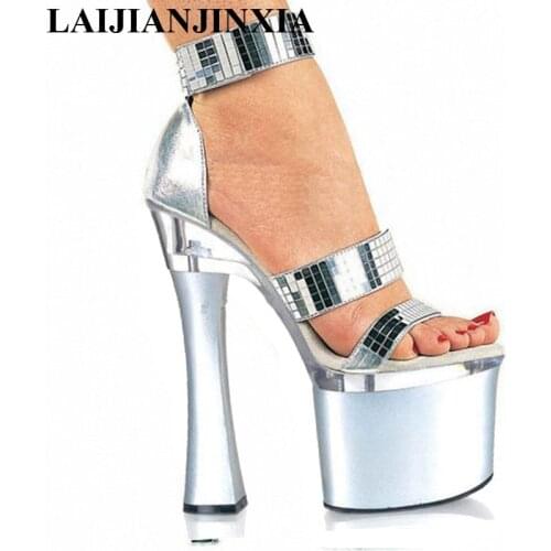 LAIJIANJINXIA Summer 7 inch high heel shoes women pole dancing sandals 18cm silver Platform Strappy High Heels Party Dance Shoes