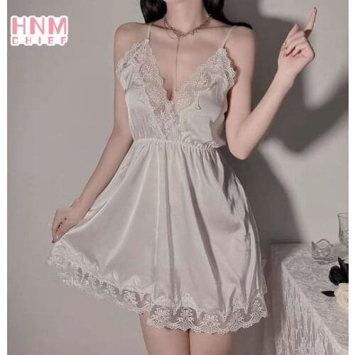 HNM Womens Satin Nightgown Sexy Spaghetti Strap Night Dress Deep V Collar Lace Stitching Nightdress Slim Sleeveless Homewear