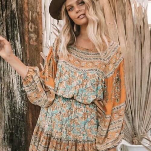 Happie Queens women rayon cotton yellow floral print beach bohemian blouse shirt flare sleeve loose Boho shirts