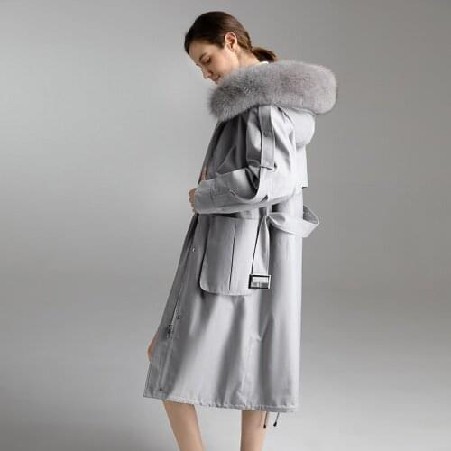 Clothes Winter Women Fur Coat Natural Fox Fur Collar Hooded Rex Rabbit Fur Coat Female Warm Long Woman Parkas 22299