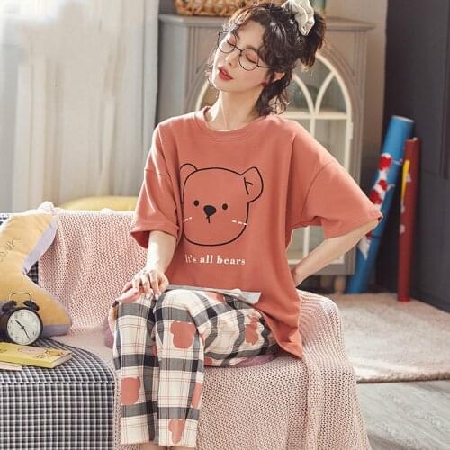 Womens Pajamas Plus Size 5XL Summer Sleepwear Two-piece Suit Cartoon Pattern Printing Short Sleeve with Long Trousers Set Hot