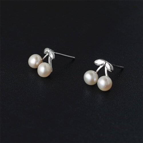 Cherry pearl cz earrings 100% 925 Sterling silver Jewelry fashion Hypoallergenic Stud earrings for women gift