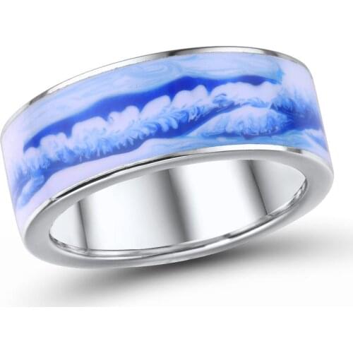Women Wedding Bridal Engagement Silver Rings Elegant Blue Enamel Landscape Pattern Painting Vintage Finger Rings for Female