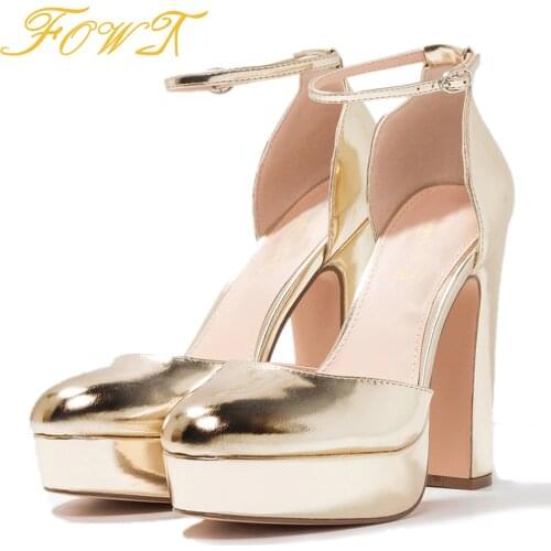 Champagne High Chunky Square Heels Buckle Strap Round Toe Pumps Woman Large Size 11 16 For Party Ladies Shoes Fashion FOWT