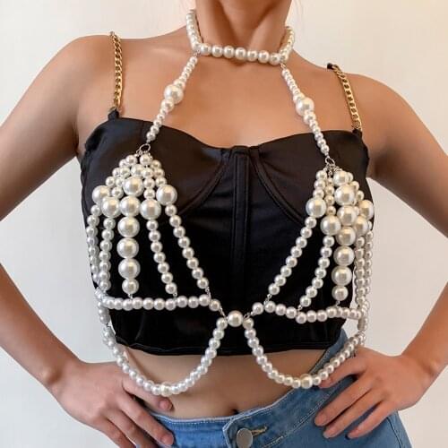 IngeSight.Z Sexy Imitation Pearl Harness Chest Bra Chain Bikini for Women Multi Layered Pearl Waist Belly Chain Body Jewelry