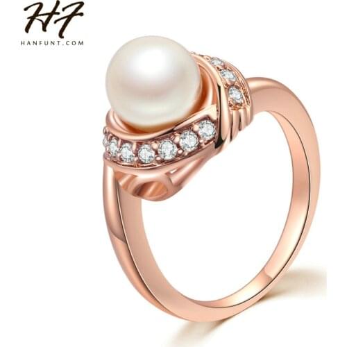 New Rose Gold Color Elegant 8mm Imitation Pearl with CZ Crystal Engagement Rings Fashion Wedding Ring For Women HotSale R676
