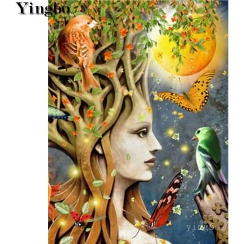 Diamond mosaic 5D Diamond embroidery paint with Abstract woman tree sun and bird diamonds painting cross stitch home decoration