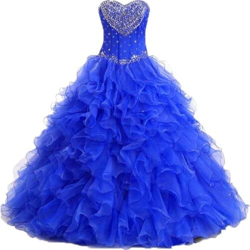 Royal Blue Organza Ball Gown Quinceanera Dress For 15 Debutante Gowns Bling Crystals Sweetheart High Quality Vestidos De 15 Años