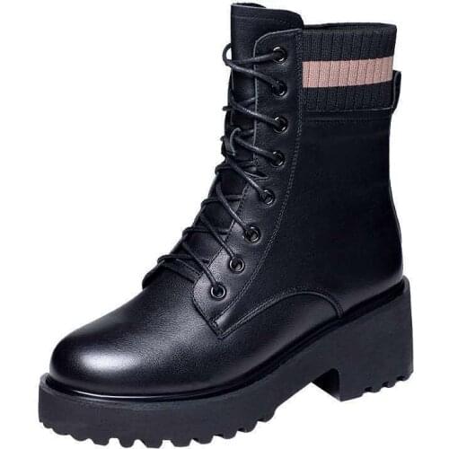 Genuine Leather Fashion Women Ankle Boots Lace Up Rubber Plush Female Martin Boots Round Toe Women Flat Boots