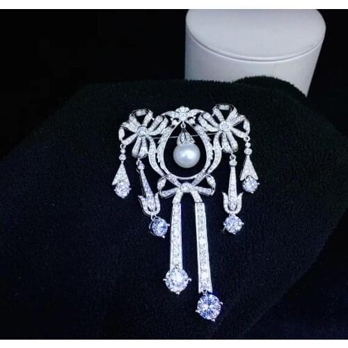 Victoria natural fresh water pearl brooch 925 sterling silver with cubic zircon bowknot brooch palace fashion high quality