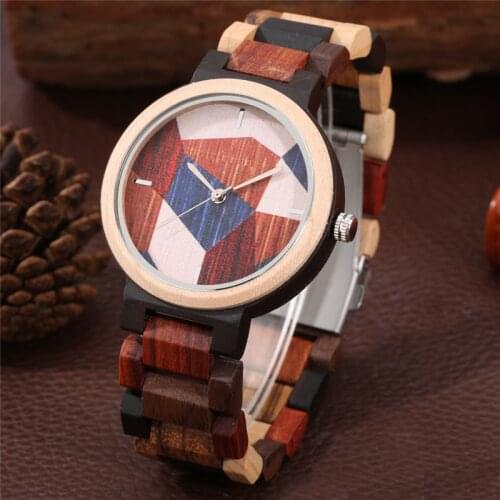 Colorful Full Wooden Men Watch Geometry Pattern Round Dial Analog Quartz Watch Mens Wood Bangle Wristwatch Folding Clasp Reloj
