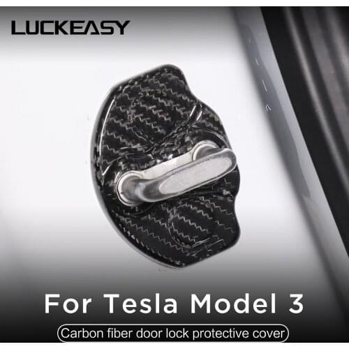 LUCKEASY Car carbon fiber Door Lock Cover for Tesla Model 3 2017-2021 Car true carbon fiber door lock protective cover 4pcs/Set