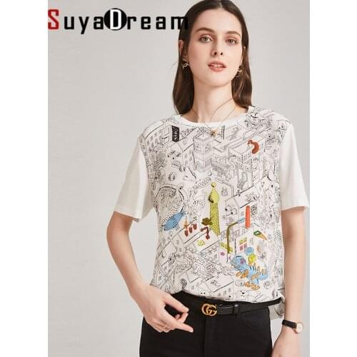 SuyaDream Women Print T Shirt 100% Real Silk and Cotton O Neck Short Sleeves Shirt 2021 Spring Summer White Tee