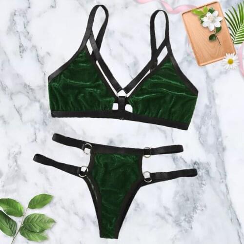 Sexy Lingerie Green Velvet Women Bra Set Lace Brassiere Sexy Underwear Set Cotton Wire Free Bra Panties Sets High Waist