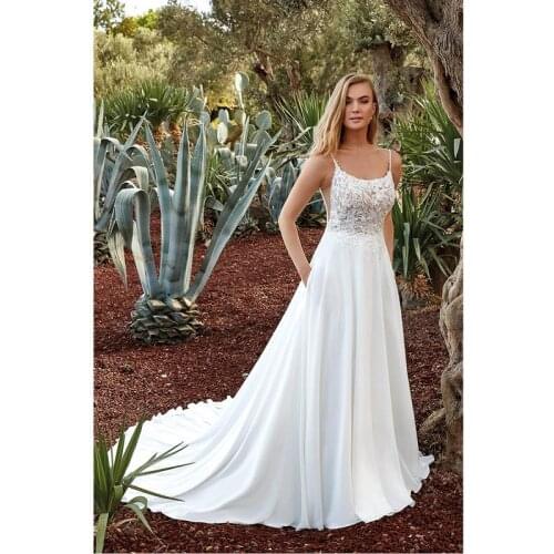 Ivory Lace Satin Chiffon Spaghetti Straps Floor-Length A-Line Wedding Gowns Chapel Train Bridal Dresses Custom Made