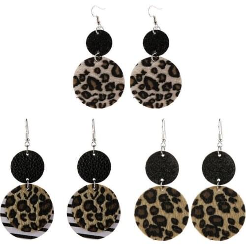Layered PU Leather Leopard Round Dangle Earrings for Women 2021 Fashion Geometric Circle Leather Jewelry Wholesale