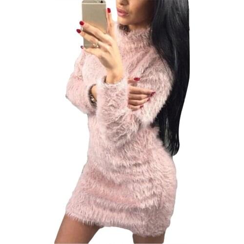 Fashion Elegant Women Solid Color Casual Turtleneck Long Sleeve Slim Fluffy Women Sweater Dress