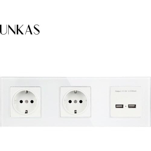 UNKAS 5V 2A Output White Color Wall Crystal Glass Panel Double Socket 16A EU Electrical Outlet Dual USB Smart Charging Port