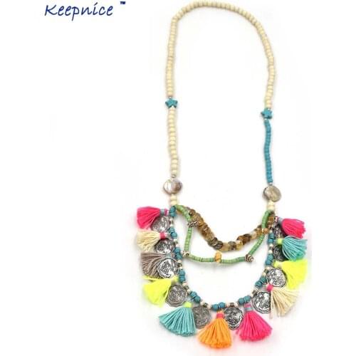 New Bohemia Boho Wooden Beaded Necklaces Tibet Antique Silver Coin Tassel Pendant Necklace Multi-Layer Statement Necklaces