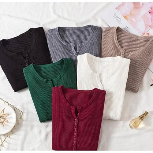 2021 Autumn Winter Button V Neck Sweater Women Basic Slim Pullover Women Sweaters And Pullovers Knit Jumper Ladies Tops
