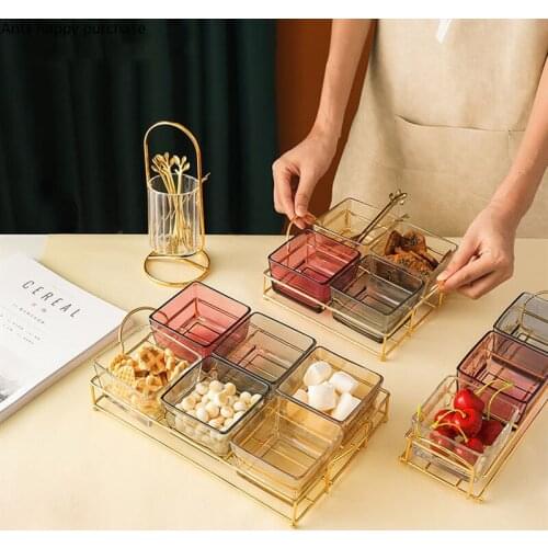Translucent Glass Snacks Platter with Iron Frame Base Dried Fruit Snack Plate Home Dessert Fruit Bowl Home Decorative Tableware