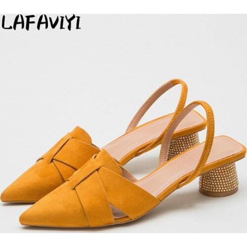 Women Sandals 2020 Ladies Pointed Toe Belt Design Slingback Thin High Heels Sandals Shoes Round Heel Summer Dress Party Shoes