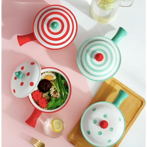 Nordic Ceramic Salad Bowl With Handle Lid Breakfast Cereal Fruit Bowl Color Dessert Soup Noodle Bowl Microwave Oven Special