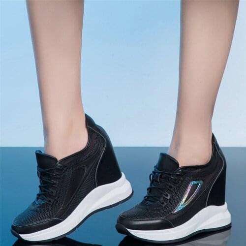 Fashion Sneakers Women Genuine Leather Wedges High Heel Ankle Boots Female Breathable Lace Round Toe Pumps Shoes Casual Shoes