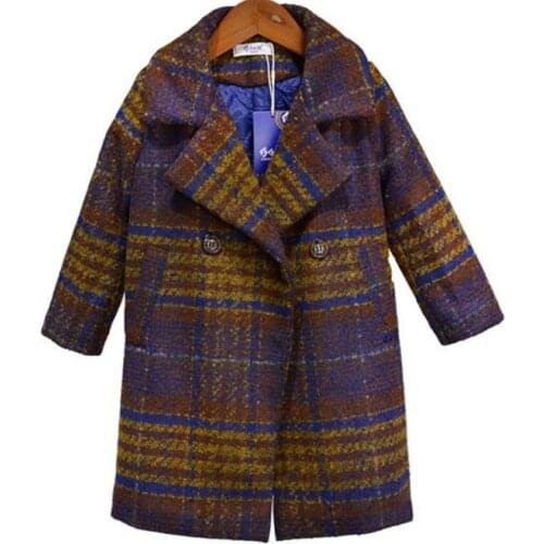 Baby boys vintage winter plaid woolen coat women lapel loose children thicken warm long overcoat