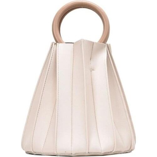 2019 Japanese Style women handbag Causal Wood ring handle Tote Bag PU leather Large Capacity Shoulder Bag vertical-pleats bag