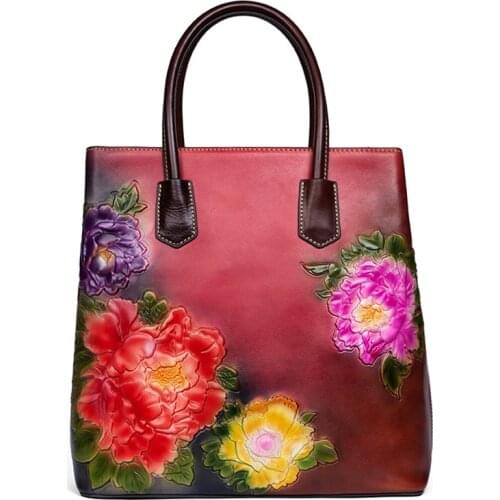 European and American Style Retro Genuine Leather Handbag Women Printing Floral Tote Bag Ladies Fashion Shopping Messenger Bags