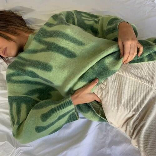 Elegant Green Striped Print Oversized Pullovers Women Winter O-Neck Loose Long Sweaters Streetwear Warm Outerwear 2020