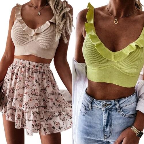 Womens Rib Knit Tank Tops, Sexy Sleeveless V Neck Solid Color Tight Ruffle Crop Tops New Fashion 2021