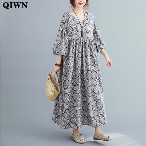 Women Dress Plus Size V Neck Cotton Linen Maxi Dress Robe Female Summer Loose Boho Beach Long Dresses Sundress Vestidos 2020 New