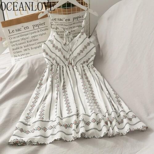 OCEANLOVE Summer Dress Print Floral Vintage Beach Style Women Dresses V Neck High Waist 2020 Korean Fashion Vestidos Chic