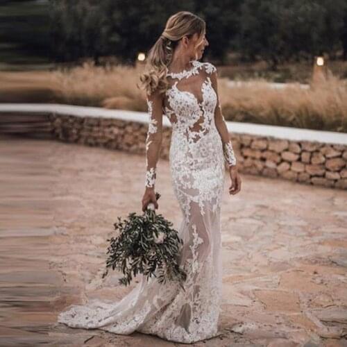 2019 Sheer Long Sleeves Lace Mermaid Wedding Dresses Tulle Applique Backless Sweep Train