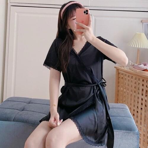 2021 Summer Silk Satin Short Sleeve Sexy Lace Mini Dress Kimono Nightgown for Women Night Dress Sleepwear Nightdress Home Nighty