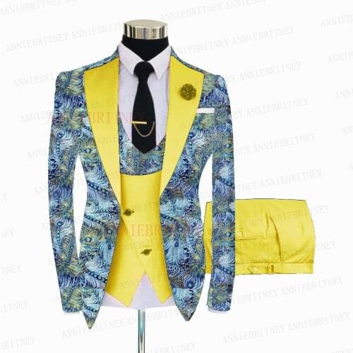 2021 Fashion Blue Floral Printed Men Suit 3Pcs Tailored Groom Wedding Tuxedo Slim Fit Prom Blazer Suit Jacket Yellow Vest Pants